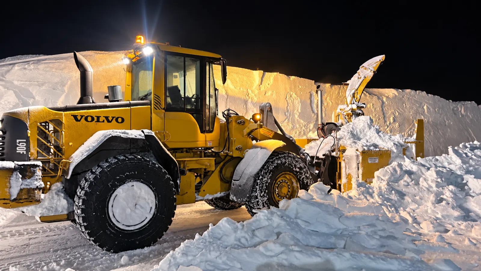 Chargeuse avec souffleuse à neige en opération de nuit