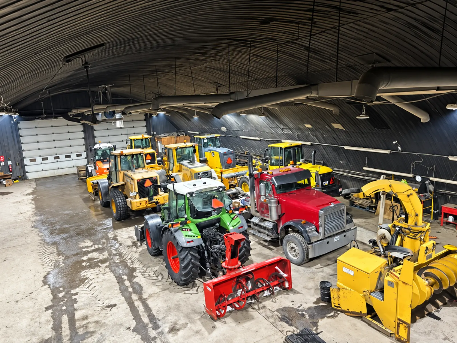 Flotte d’équipements de déneigement dans un garage