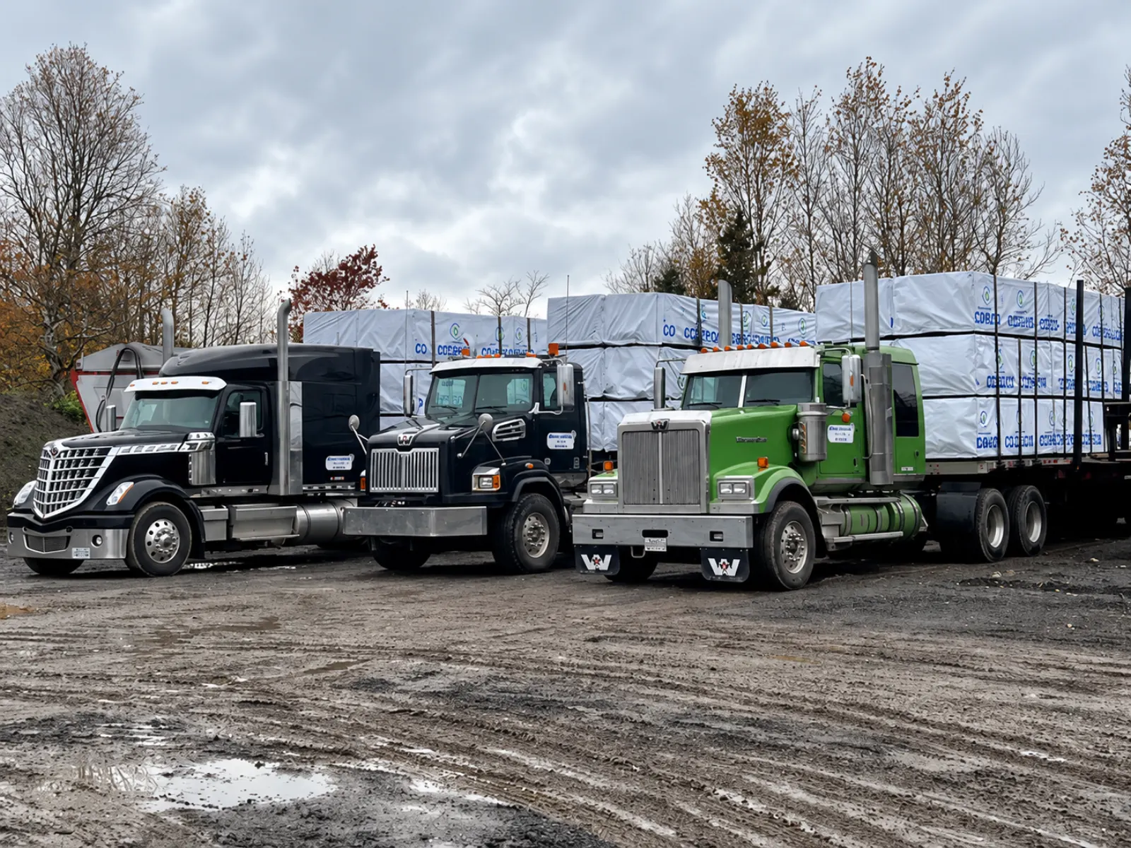 Trois camions B-train chargés de bois d’œuvre